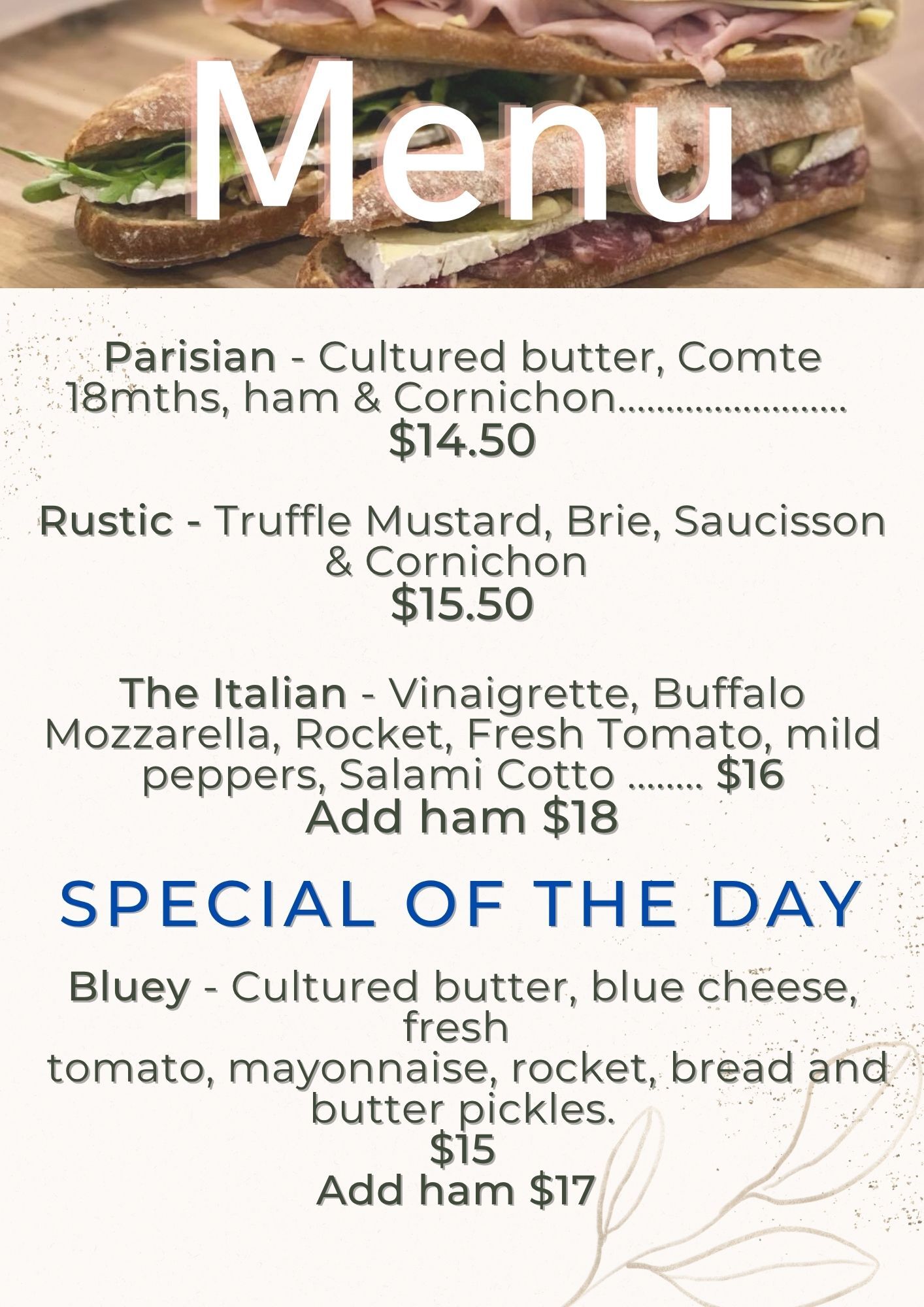 Le Fromage Yard sandwich lunch menu July 2026 - page 1